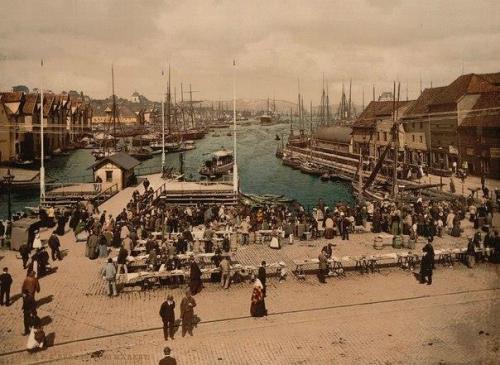 Balıq bazarı. Bergen, Norveç, 1890-cı illər